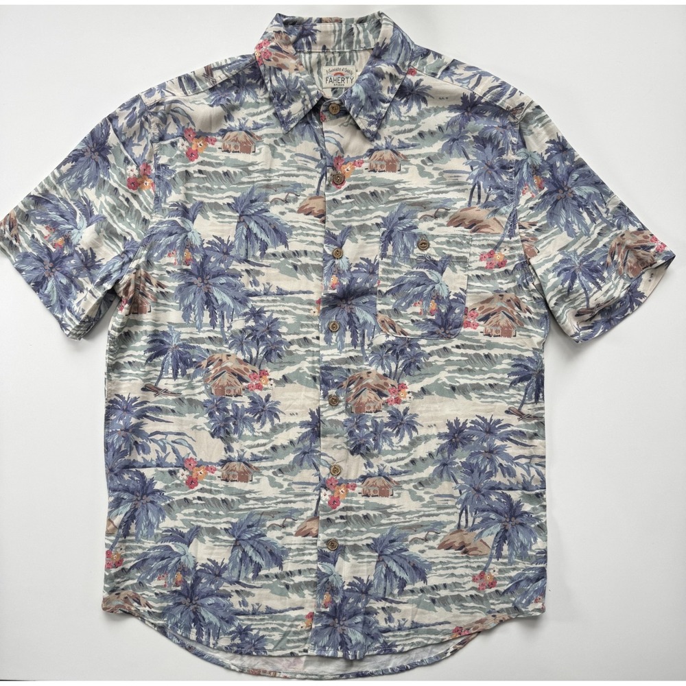 FAHERTY Short Sleeve Hawaiian Rayon Button Up Shirt Mens Small Tropical Island